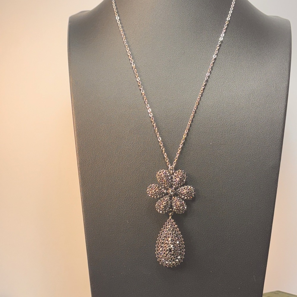 Flower Teardrop Pendant Necklace Gunmetal Dark Crystal Statement Whimsygoth Goth